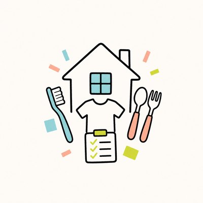 Illustration of a house with a toothbrush, shirt and spoon for daily routines