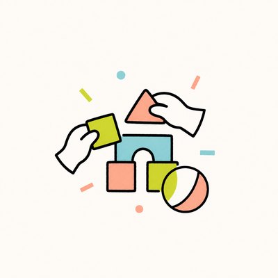 Illustration of hands playing with colorful shapes and a ball