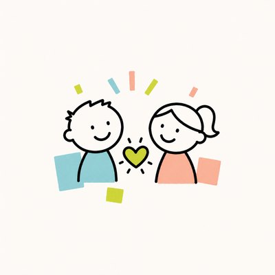 Illustration of two smiling children with a heart between them